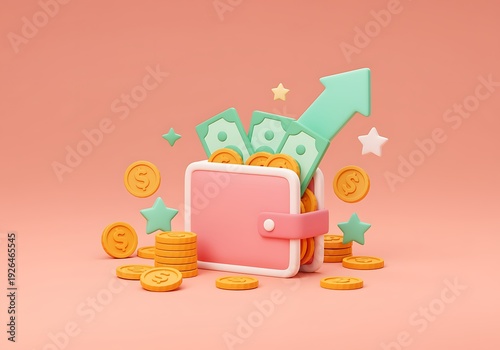 Pink wallet with money and coins and stars on pink background  finance and banking concept