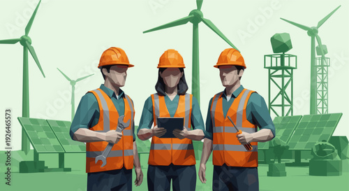 Three engineers, two men and a woman, stand inspecting wind turbines and solar panels, using a tablet, wearing hard hats and vests in a low poly style.