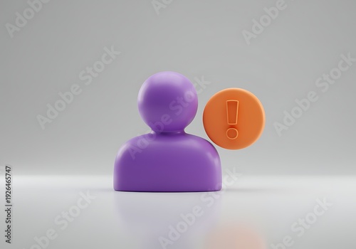 Purple 3D person icon with orange exclamation mark notification on gray background