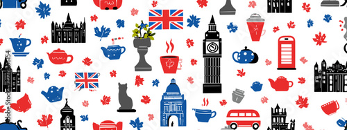 Set of United kingdom of Great Britain London seamless pattern with big ben tower flat style vector illustration isolated on white background