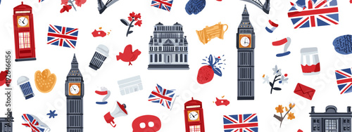 Set of United kingdom of Great Britain London seamless pattern with big ben tower flat style vector illustration isolated on white background