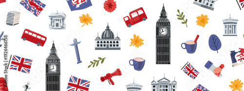 Set of United kingdom of Great Britain London seamless pattern with big ben tower flat style vector illustration isolated on white background