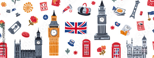 Set of United kingdom of Great Britain London seamless pattern with big ben tower flat style vector illustration isolated on white background