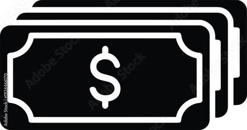 Black money cash icon vector illustration isolated on light background, stacked dollar banknotes symbol representing finance, payment, currency, business profit and flat design concept