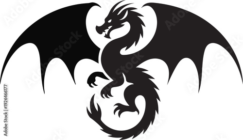 Black dragon silhouette with outstretched wings mythical creature