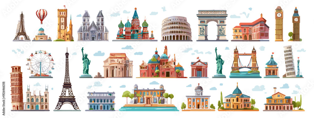 Naklejka premium Europe Landmarks Cartoon Icon Set Featuring Famous Global Architecture