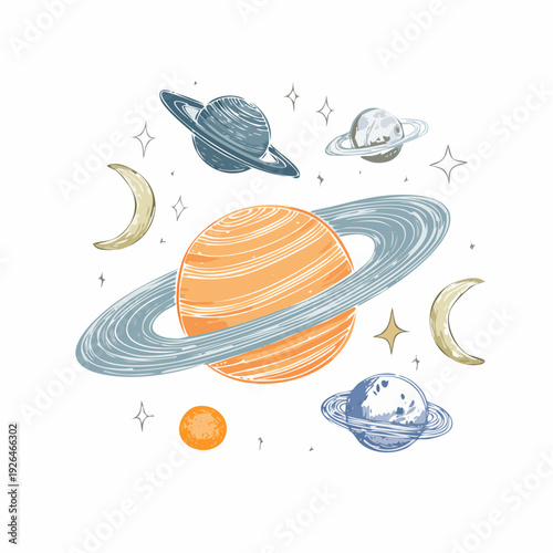 Illustration of Saturn and its moons in our solar system from a celestial viewpoint