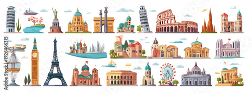 Europe Landmarks Cartoon Icon Set Featuring Famous Global Architecture