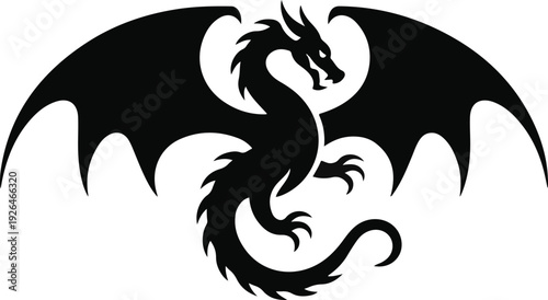 Black dragon silhouette with wide wings and detailed body
