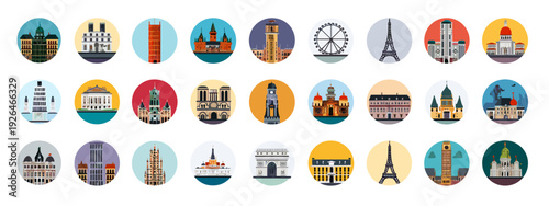Europe Landmarks Cartoon Icon Set Featuring Famous Global Architecture
