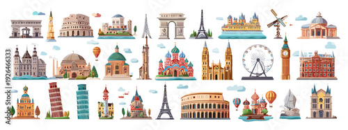 Europe Landmarks Cartoon Icon Set Featuring Famous Global Architecture