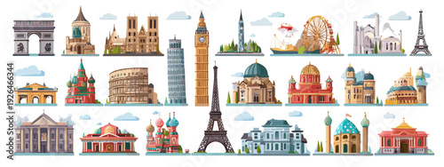 Europe Landmarks Cartoon Icon Set Featuring Famous Global Architecture