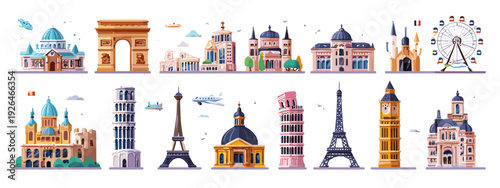 Europe Landmarks Cartoon Icon Set Featuring Famous Global Architecture
