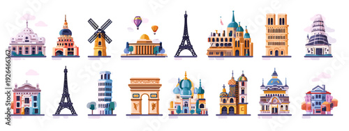 Europe Landmarks Cartoon Icon Set Featuring Famous Global Architecture