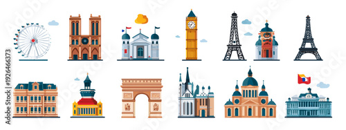 Europe Landmarks Cartoon Icon Set Featuring Famous Global Architecture