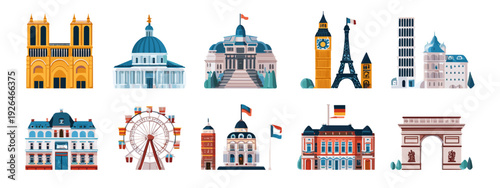 Europe Landmarks Cartoon Icon Set Featuring Famous Global Architecture