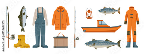 Fishing Gear and Fisherman Clothing Cartoon Icon Set Isolated on White