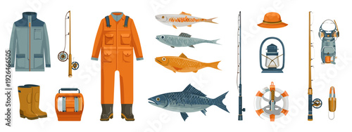 Fishing Gear and Fisherman Clothing Cartoon Icon Set Isolated on White