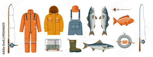 Fishing Gear and Fisherman Clothing Cartoon Icon Set Isolated on White