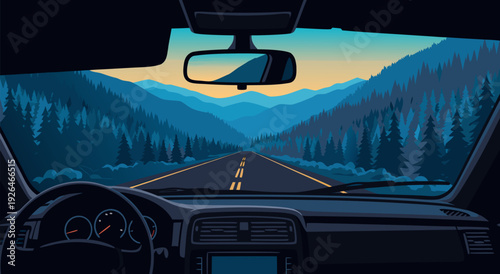 Dashboard and Windshield in Mountainous Scenic Drive with Cozy Sunlit Ambiance
