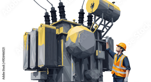 A stylized illustration shows a technician in hard hat and safety vest inspecting a large industrial transformer with gray and yellow elements at a power plant or substation.