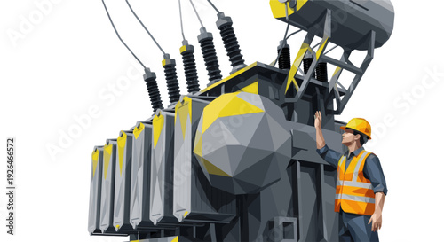 Low polygon style illustration of worker inspecting a yellow and grey electrical transformer on a white background, suitable for use in energy or engineering publications.