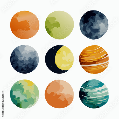 Collection of colorful planets and moons in a grid arrangement, viewed from space