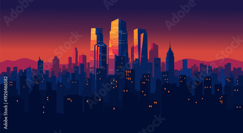 Vibrant Sunset Over Urban Skyline with Mountain Silhouettes Vector Illustration