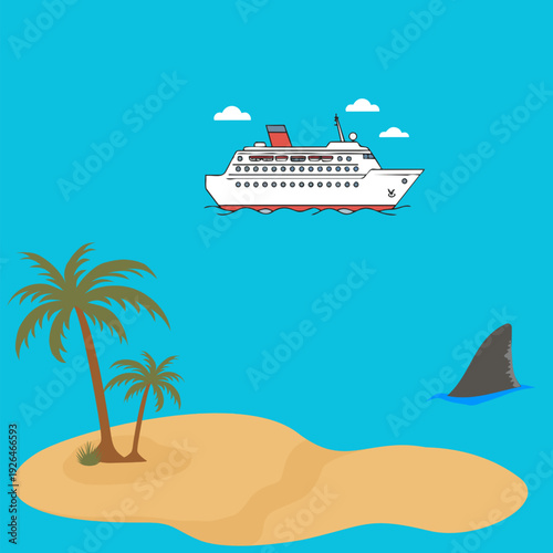 Cruise ship sailing near tropical island with shark fin in ocean