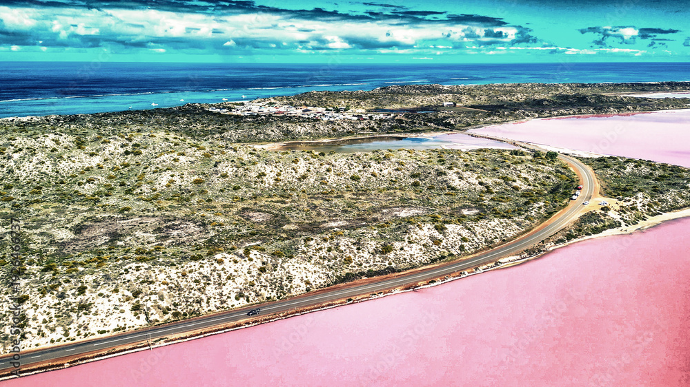 Fototapeta premium Vibrant pink hues of Hutt Lagoon captured from above, a natural wonder in Western Australia