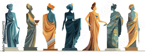 set of colorful antique sculptures and statue isolated on white 