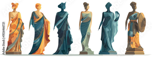 set of colorful antique sculptures and statue isolated on white 