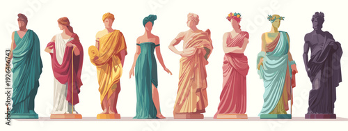 set of colorful antique sculptures and statue isolated on white 