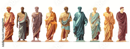 set of colorful antique sculptures and statue isolated on white 