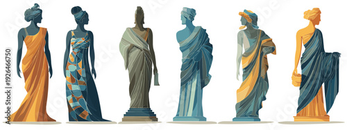 set of colorful antique sculptures and statue isolated on white 