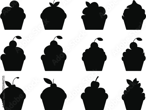 Set of black cupcake silhouettes with different frosting styles and cherry toppings isolated on white background for bakery and desserts.
