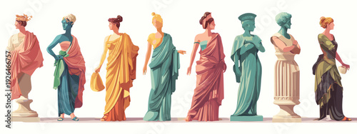 set of colorful antique sculptures and statue isolated on white 