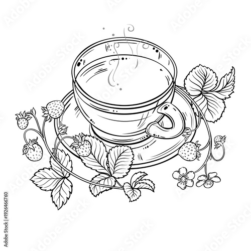 Cup of Strawberry Tea aroma beverage Outline Illustration. Vector isolated for Design and Decoration for Cafeteria, Posters, Banners, Cards.