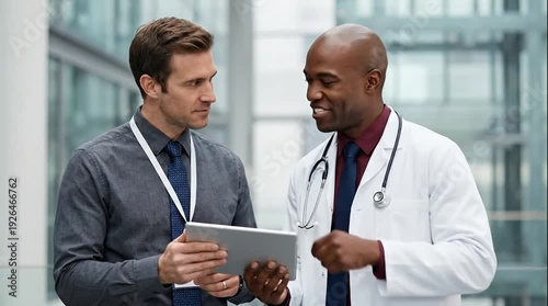 Diverse professionals: Doctor and businessman discuss medical data on digital tablet in modern healthcare facility.