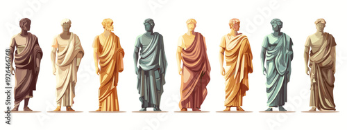 set of colorful antique sculptures and statue isolated on white 