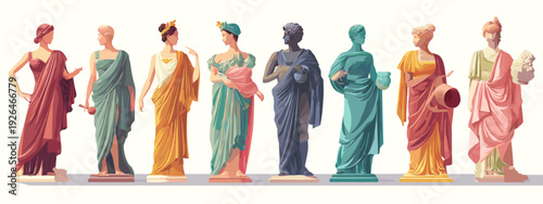 set of colorful antique sculptures and statue isolated on white 