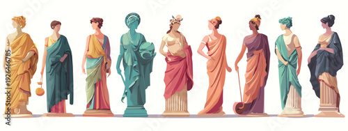 set of colorful antique sculptures and statue isolated on white 