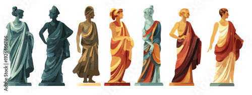 set of colorful antique sculptures and statue isolated on white 