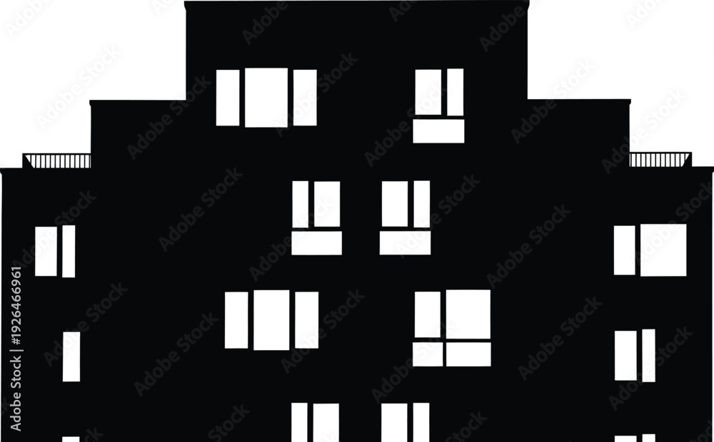 Naklejka premium Modern Apartment Building Facade Silhouette - Urban Housing Architecture Vector