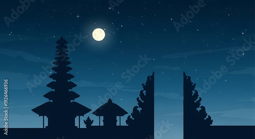 Moonlit Night Scene with Silhouetted Trees and Temples in a Serene Landscape View