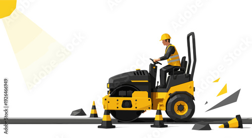 Vector illustration depicting a construction worker operating a yellow and black road roller on freshly laid asphalt, with safety cones and modern polygonal design elements.