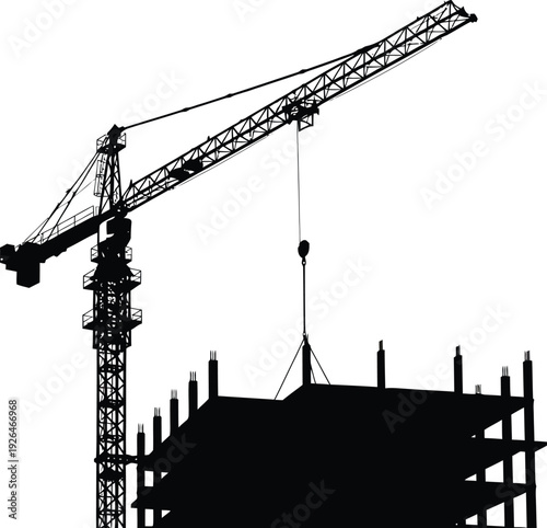 Construction Crane and Building Frame Silhouette - Real Estate Development Vector