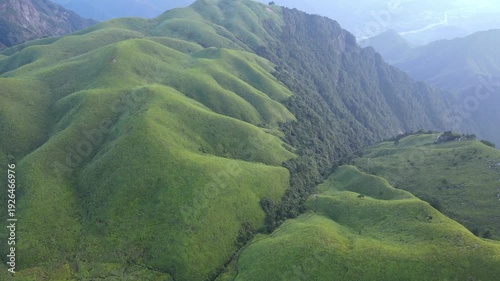 Cinematic drone push over vibrant alpine meadow in Wugong Mountain
