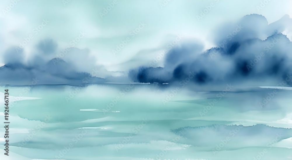 Fototapeta premium Abstract watercolor painting of blue and green water with dark clouds on the horizon in a soft, dreamy style.