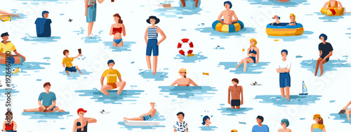 Summer Beach Vacation Illustration with People Swimming and Relaxing